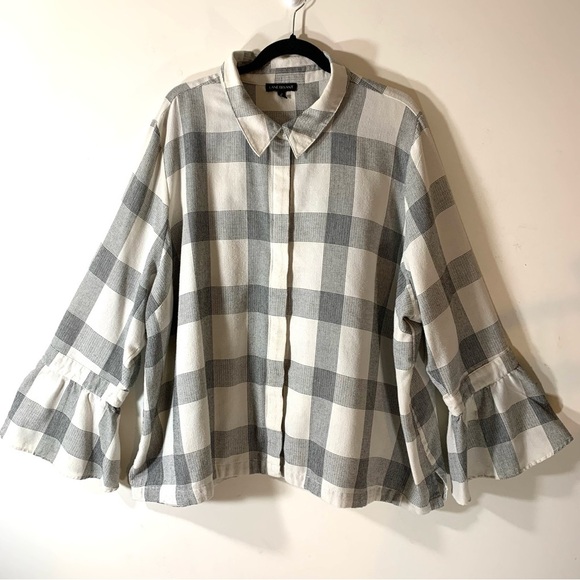 2/$35 Lane Bryant Plaid Bell Ruffle Sleeve Blouse Tunic - Picture 2 of 13